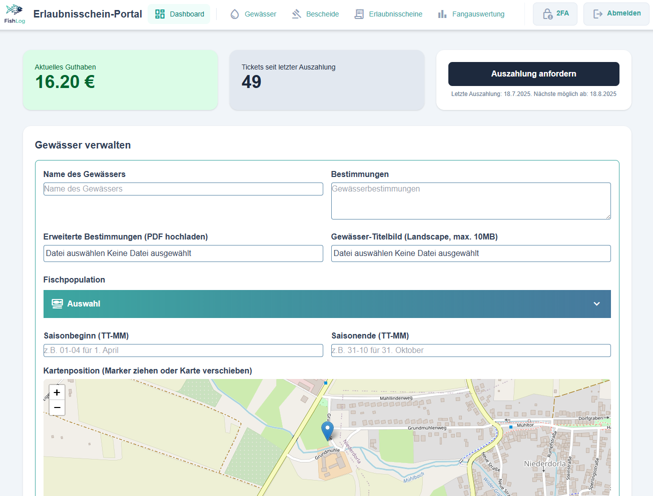 FishLog Erlaubnisschein-Portal – Dashboard mit Gewässern, Bescheiden, Kontingenten und Fangauswertung